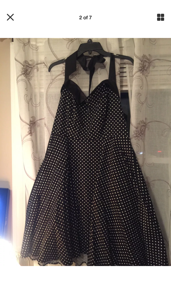 M isses ROCKABILLY PIN-UP Swing Dress cotton black with white polka dots Halter Top ' backless pristine size 1x 2x