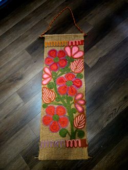 Bohemian  Handmade Vintage 1970's  Burlap & Yarn Wall Art  Hanging Tapestry 38"×14"
