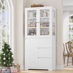 71" Large Bookcase with Glass Display Cabinet and 3 Tier Wide Book Shelves, Tall Bookshelf with 3 Storage Drawers, China Cabinet with Glass Doors for 