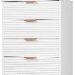 5 Drawer Dresser, White Dresser for Bedroom with Wavy Patterns, Wood Dressers with Embedded Handles, Modern Style Chest of Drawers for Living Room Hal
