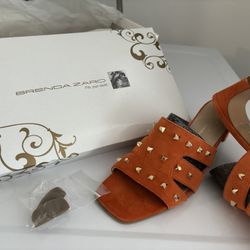 BRENDA ZARO Sz 7-7.5 EU 38  Orange Suede Stud Slide Heels