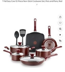 T-fal Easy Care 12-Piece Non-Stick Cookware Set, Pots and Pans, Red
