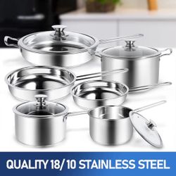 Aufranc 10-Piece Pots and Pans Set, Stainless Steel Cookware Set- Includes Ergonomic Handle Saucepans, Skillets, Dutch Oven, Stockpot, Steamer & More 