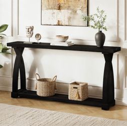 Black Wood Console Table with Bottom Shelf