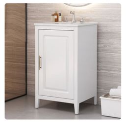 20" Bathroom Vanity with Ceramic Sink Top, Freestanding Bathroom Storage Cabinet, Vanity Cabinet with Multi-Functional Drawer, Solid Wood Legs, White
