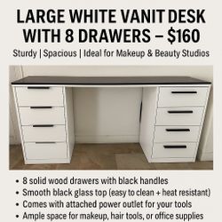 Large White Vanity Desk With 8 Drawers