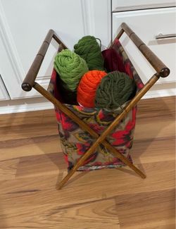 Vintage Knitting Sewing Caddy Yarn Bag with Wood Frame