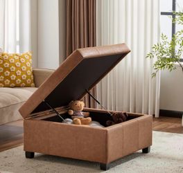 Lorel Faux Leather Square Storage Ottoman Coffee Table, Wooden Ottoman with Storage, Entryway Modern Ottoman Foot Stool, Toy Box Storage for Living Ro