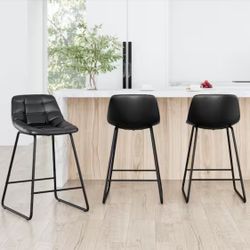 30 in. Black Low Back Metal Frame Bar Stools with Faux Leather Seat