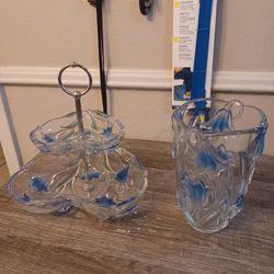 Vintage MIKASA 3D CRYSTAL bluebells 8"vase And Double Heart 2 Tier Server Set. $30 For Set
