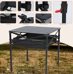 Aluminum Square Table, Adjustable Height Folding Camping Table, Lightweight Collapsible Table with Roll-up Tabletop, Carry Bag, for Outdoor, Camping, 