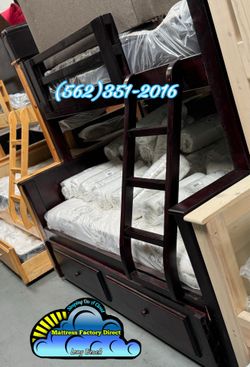 Twin full full Cherry bunk bed with mattresses included