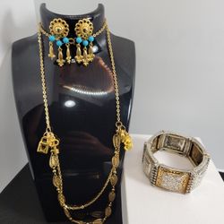 LOT NATIVE SPIRITS VINTAGE SET, 3 ITEMS, GOLD TONE AND BLUE.
