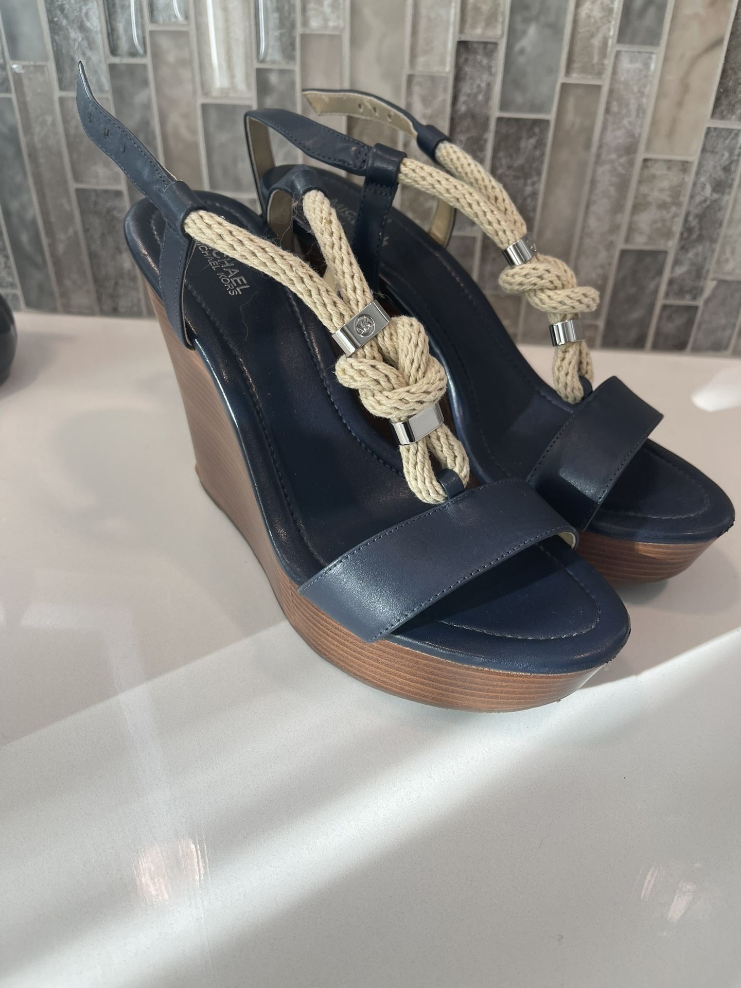 Michael Kors Navy Blue Nautical Wedge Sandals size 9