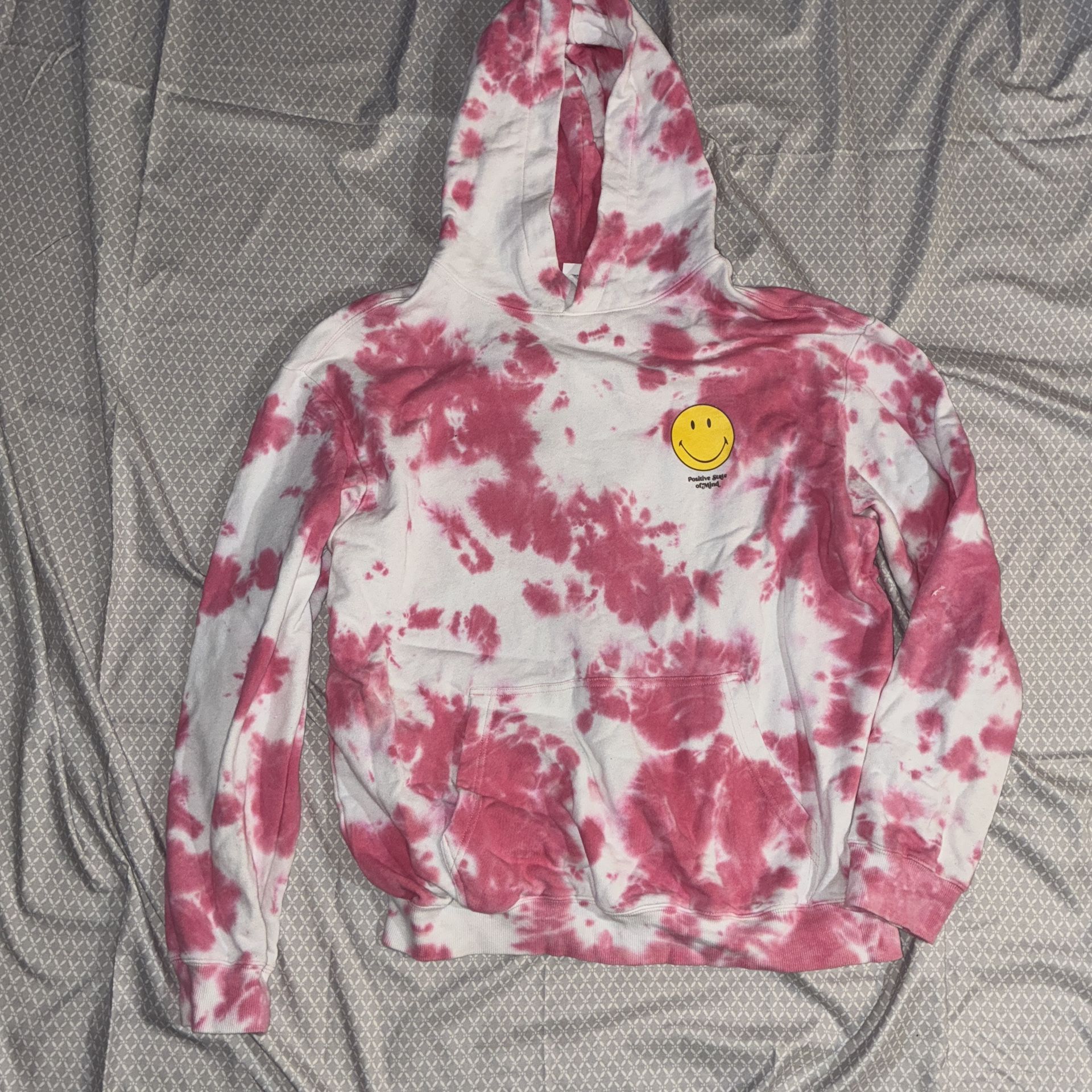 EUC Smiley x H&M Pink White Tie Dye Hoodie sz L Positive State of Mind