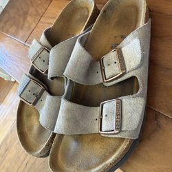 Women’s tan leather Birkenstock double strap sandals