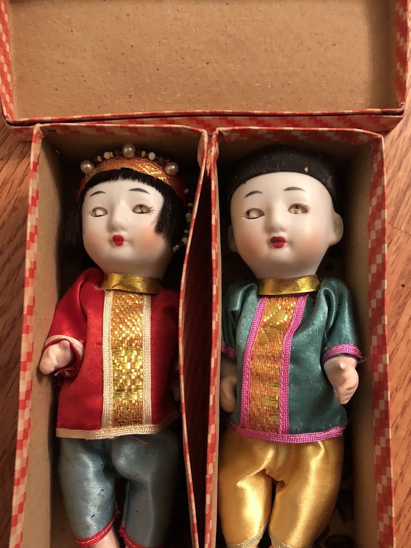 Pair Of Antique Japanese Traditional Dolls With Ceramic Faces 6 inches Tall 1950s