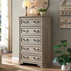 Farmhouse 5 Drawers Dresser Chests for Bedroom, Wood Rustic Tall Chest of Drawers, Organizer