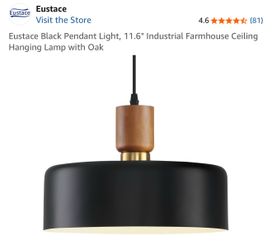 Eustace Black Pendant Light, 11.6" Industrial Farmhouse Ceiling Hanging Lamp with Oak