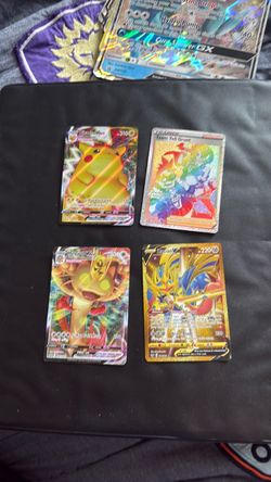 Lot of 4 Pokemon Cards - Zacian V Gold, Pikachu VMAX, Meowth VMAX & Rainbow Trainer