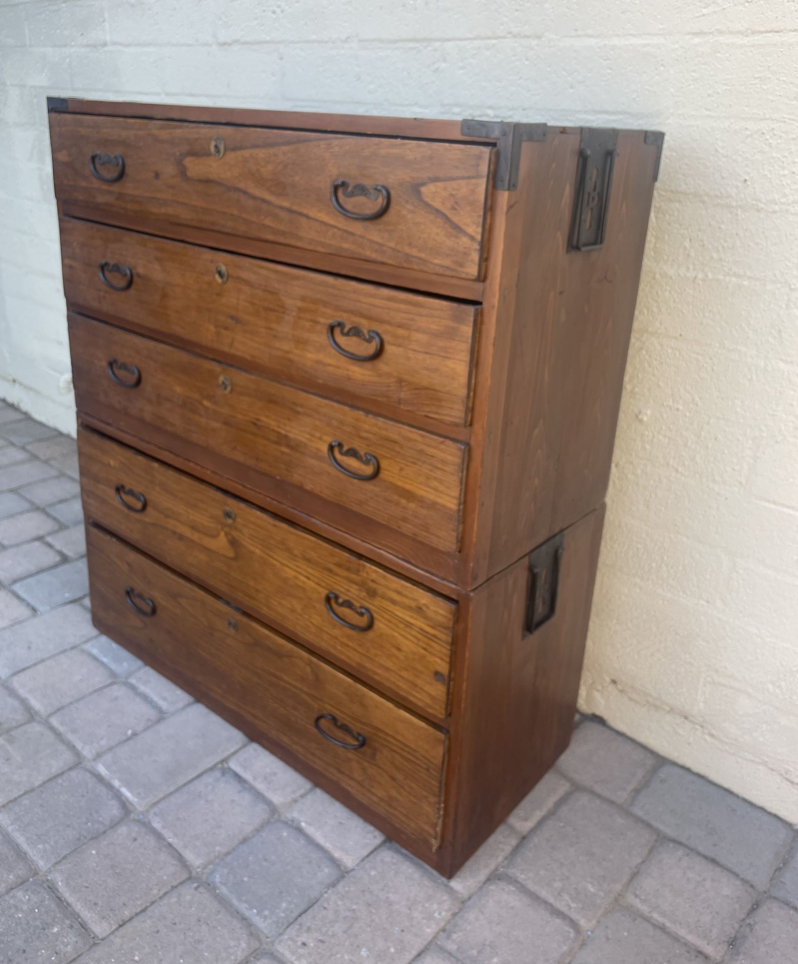 Vintage Antique Two Piece Japanese Tansu Stacking Chest of Drawers w/ Metal Accents