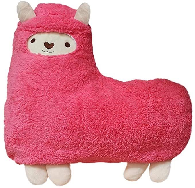 Alpaca plush pillow, pink llama stuffed animal, washable cover.