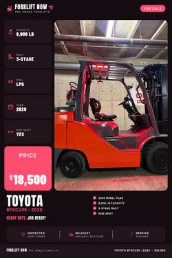 2020 TOYOTA 8FGCU35 forklift for sale, 8,000 lb capacity,3 stage, side shift