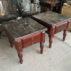 Two Wood And Granite End Tables 