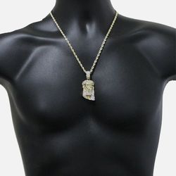 Iced CZ Jesus Pendant Hip Hop Fashion 14k Gold Plated w/ 24" Rope Chain