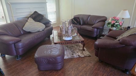 Sofa, Loveseat, chair, ottoman, coffee table, and wall table