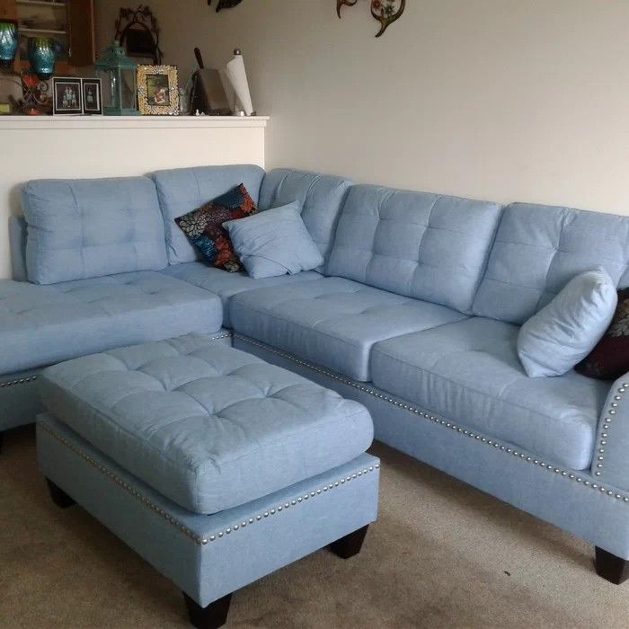 Brand New Light Blue Linen Sectional Sofa +Ottoman (New In Box) 