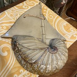 Ceramic Glazed Nautilus Sea Shell Sailboat Ship Wall Plaque Hanger 15½"