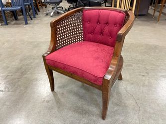 Vintage Walnut Finished Cane Side Panel Armchair with Maroon Button Tufted Cushion