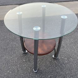 Round Glass Coffee End Table With Wooden Base