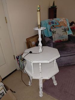 Country style wood side table/ night stand with build in lamp.