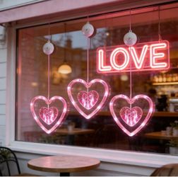 Pink LED Heart Window Hanging Lights Set of 3