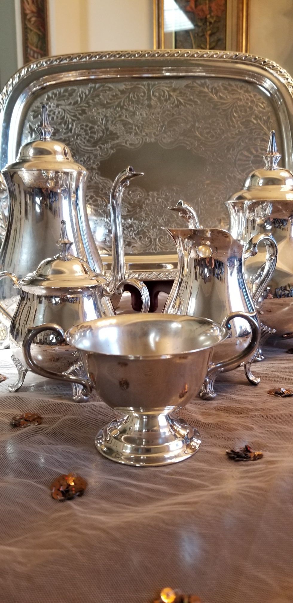 Silverplated tea and coffee set with edge decorated tray