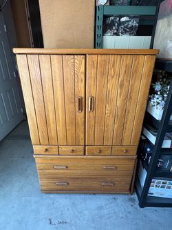 Vintage Oak Slat Front Armoire Cabinet
