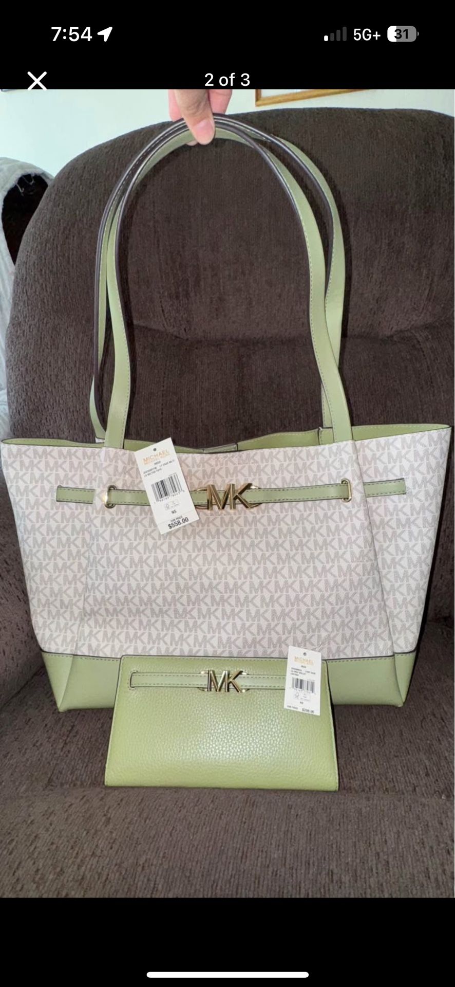 Michael kores reed light sage belted tote with matching wallet (Brand new with tags never used)