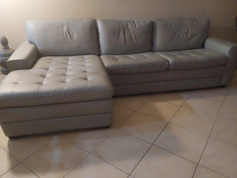 Grey Leather Sofa and Chaise 