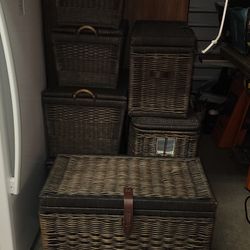 wicker storage trunk or a covered wicker storage basket.