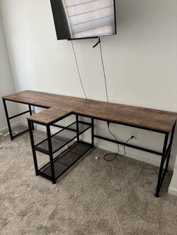 Wood desk black metal base