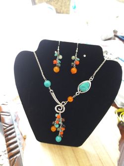 Handmade necklace and earrings set. Coral, agate and turquoise beads