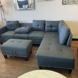 Gray Sectional With Storage Ottoman 