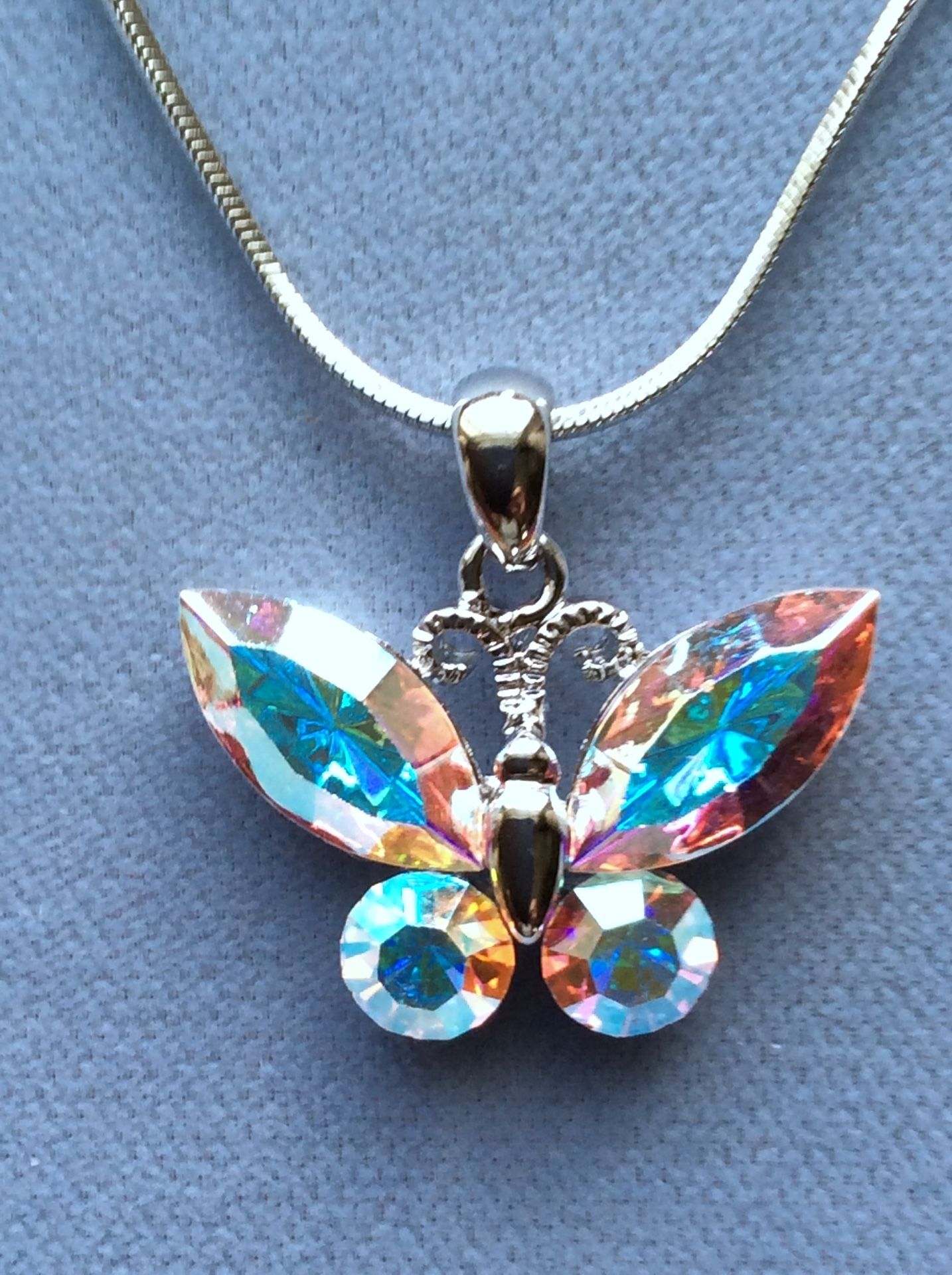 AB Crystal Butterfly Necklace On Snake Chain -Radiates The Colors Of The Rainbow **Ship Nationwide Or Pickup Boca Raton