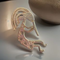 Vintage Kokopelli Fertility Deity Gold Tone Large Brooch 3.5”