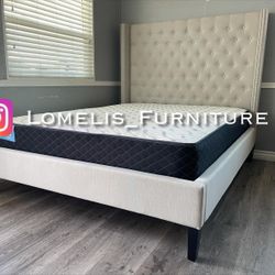 Queen Ivory Modern Wingback Button Tufted Bed w. Orthopedic Mattress included 