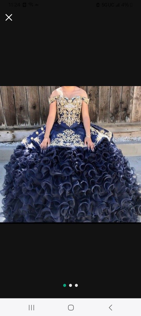 Navy Blue And Gold Quincenera Dress