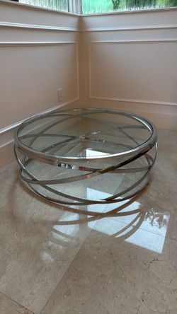 Modern Chrome & Glass Round Coffee Table – $350