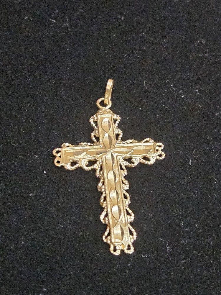 Vintage Solid 14k Yellow Gold Diamond Cut Cross Charm - Real Genuine Gold - Fine Estate Jewelry